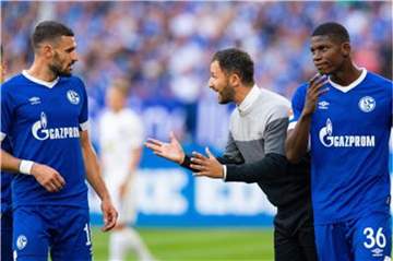 Schalkes Trainer Domenico Tedesco (M) wurde mit seinem Team durch Hertha BSC und einfachste Mittel entzaubert. Foto: Guido Kirchner