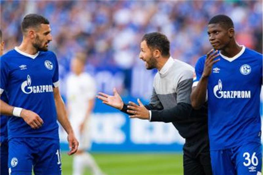 „Bayern-Verfolger“ Schalke, Leverkusen und Leipzig kriseln Schalkes Trainer Domenico Tedesco (M) wurde mit seinem Team durch Hertha BSC und einfachste Mittel entzaubert. Foto: Guido Kirchner