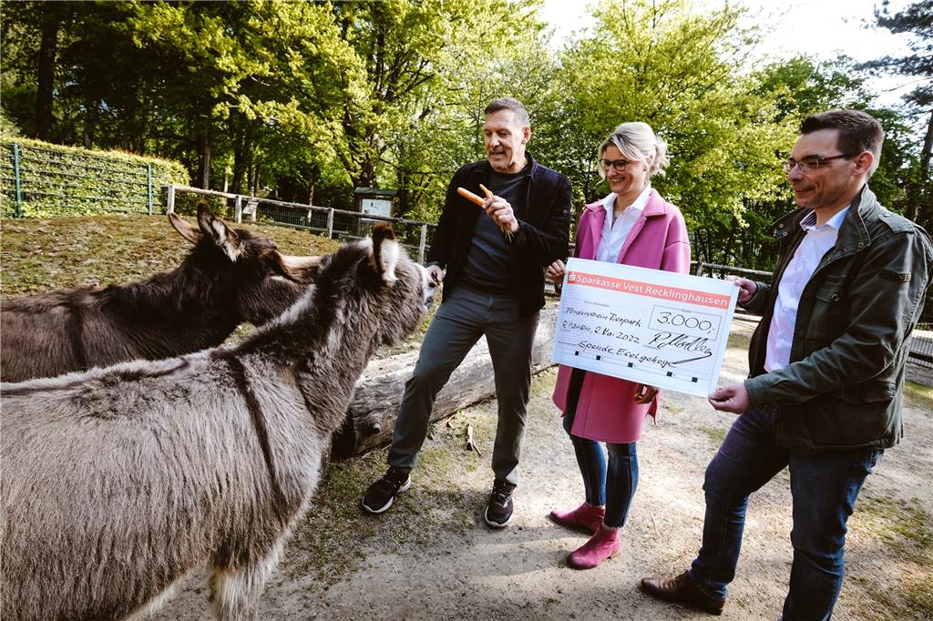 Vom Tierpark Recklinghausen nach Hollywood: Ralf Moeller zeigt Arnie die Esel Schauspieler Ralf Moeller mit zwei Personen und zwei Eseln.