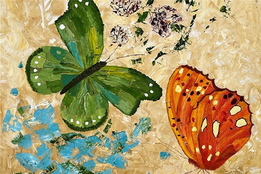 Renate Walter und Lambertusstift tauschen Blumenbilder gegen Spende Öl-Bild von Schmetterlingen