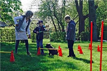 Schnell stellten Mika und Yanick fest, dass es gar nicht so einfach ist, die kleine Cairn-Terrier-Hündin Carla durch den Parcours zu schicken.