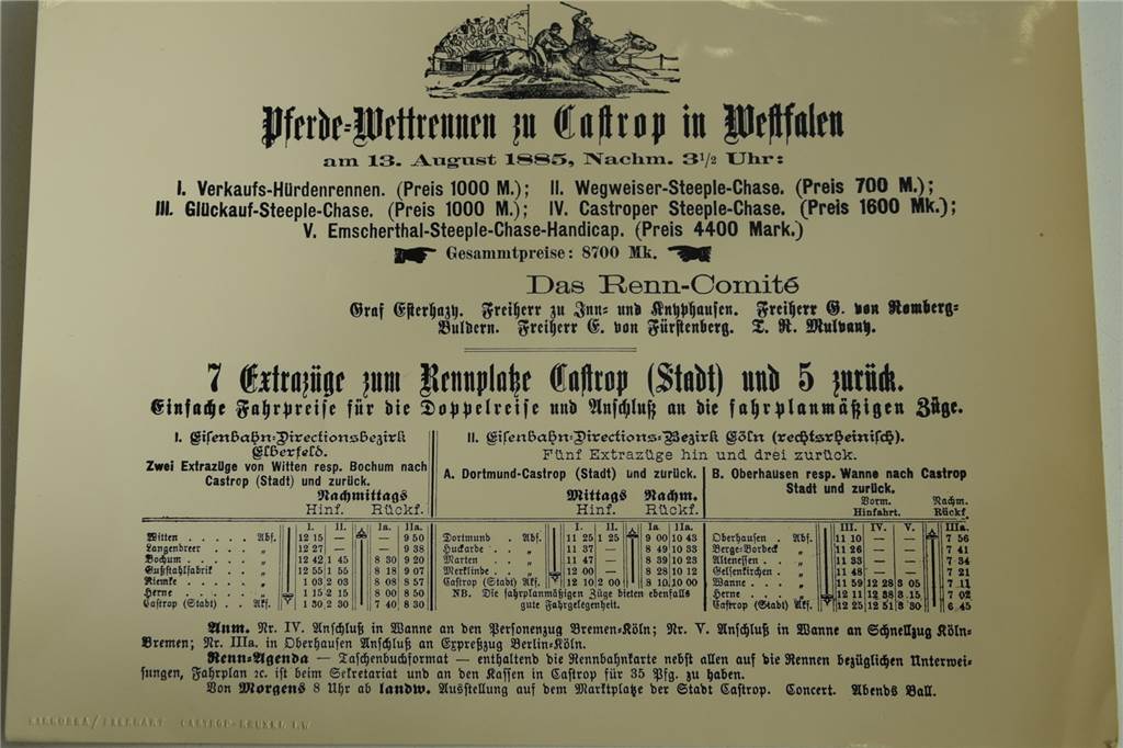 Die Wiederbelebung des Rennbahnvereins von 1874 ist verschoben Schon 1885 gab es Sonderzüge zu den Castroper Pferderennen, wie dieses Schild zeigt.