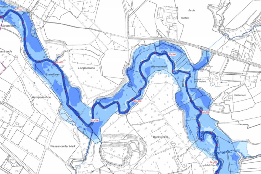 Karte: Diese Häuser und Gebiete in Stadtlohn wären von Hochwasser betroffen Schon bei einem Hochwasser mit hoher Wahrscheinlichkeit macht sich die Berkel sehr breit.