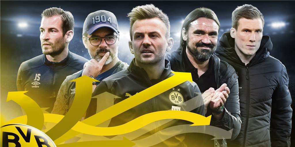 Prominente Vorgänger: Nicht nur für Enrico Maaßen war die BVB-U23 ein Sprungbrett Sie nutzten die U23 des BVB als Sprungbrett für die Trainer-Karriere: (von links) Jan Siewert, David Wagner, Enrico Maaßen, Daniel Farke und Hannes Wolf.