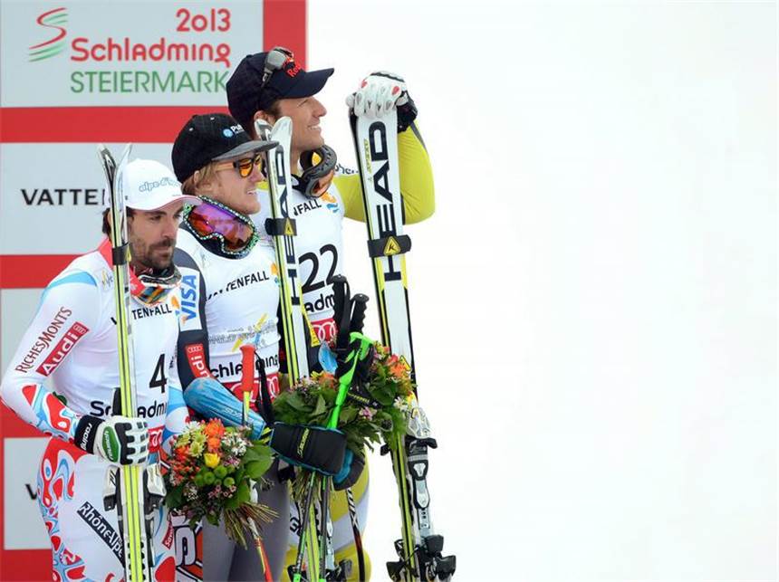 Ligety holt sich Gold im Super-G Sieger Ted Ligety (M), Gauthier de Tessieres (l) und der Dritte Aksel Lund Svindal. Foto: Helmut Fohringer