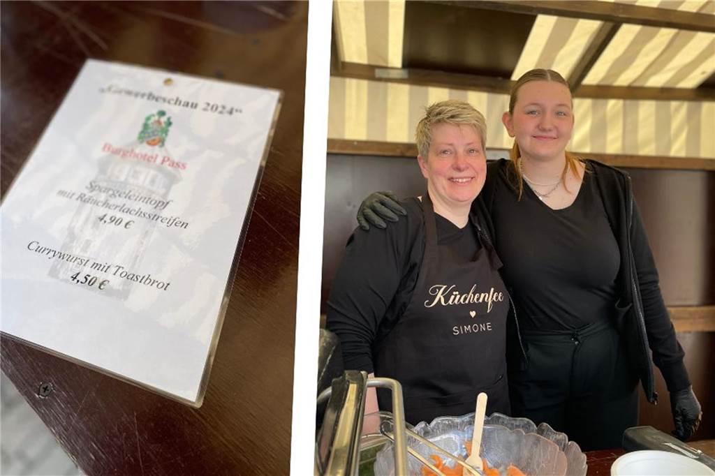 Viele Einblicke und Spaß bei der Azubi-Road-Show: Die Gewerbeschau in Oeding Simone Sicking (l.) und Johanna Schulten vom Burghotel Pass boten Spargeleintopf mit Räucherlachsstreifen und Currywurst bei der Gewerbeschau an.