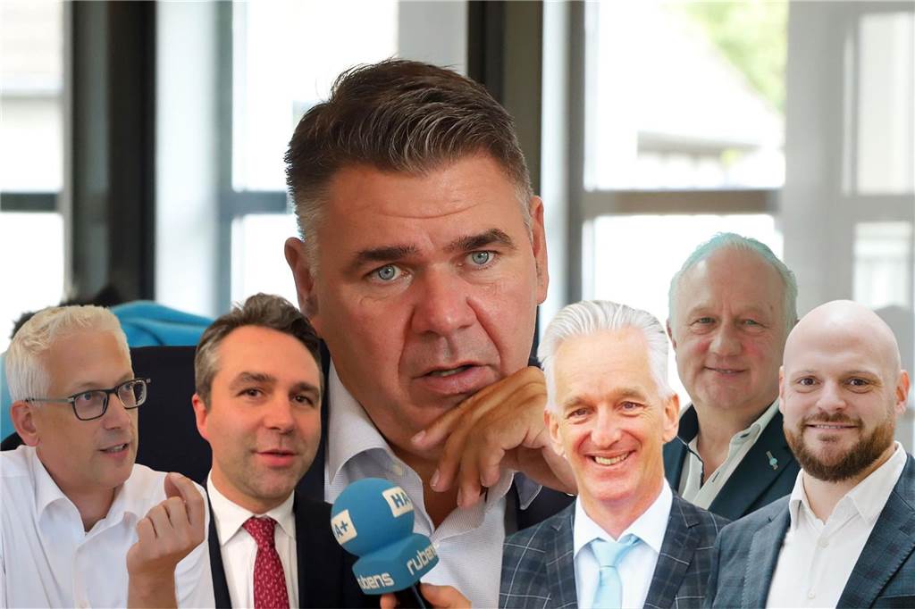Rund 1,6 Millionen Euro für Prämien und Zulagen im Kreishaus Bildmontage mit (v.l.) Sozialdezernent Torsten Göpfert, Kreisdirketor und Kämmerer Philipp Reckermann, Landrat Mario Löhr, Gesundheits- und Schuldezernent Sven Brüggenhorst, Ordnungsdezernent Holger Gutzeit sowie Bau- und Umweltdezernent Adrian Kersting
