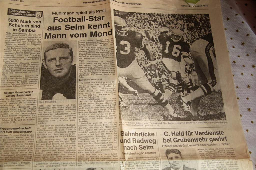 Der erste deutsche NFL-Star kam aus Selm: Die Geschichte von Horst Mühlmann Bericht der Ruhr Nachrichten über Horst Mühlmann von 1974.