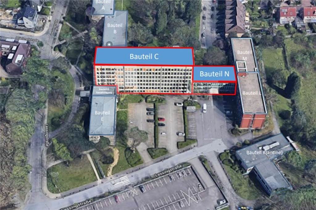 Luftbildaufnahme des Bürogebäudes Lessingstraße 49 in Recklinghausen. Die zu vermietenden Bauteile C und N des Komplexes sind blau markiert.