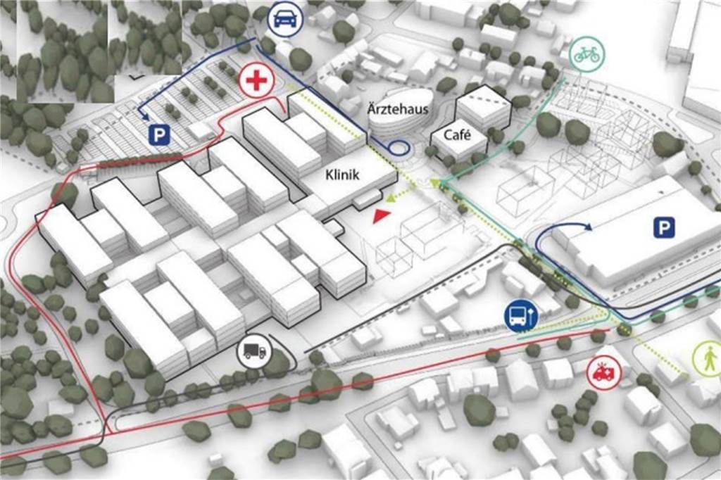 Neue Pläne fürs St. Marien Hospital : „Wollen uns Zukunft nicht verbauen“ So könnte das St. Marien Hospital in 30 Jahren aussehen, zumindest nach Plänen von Architekten. Dann würde die Zufahrt für Rettungswagen und Anliefer-Fahrzeuge von der Konrad-Adenauer-Straße aus erfolgen.