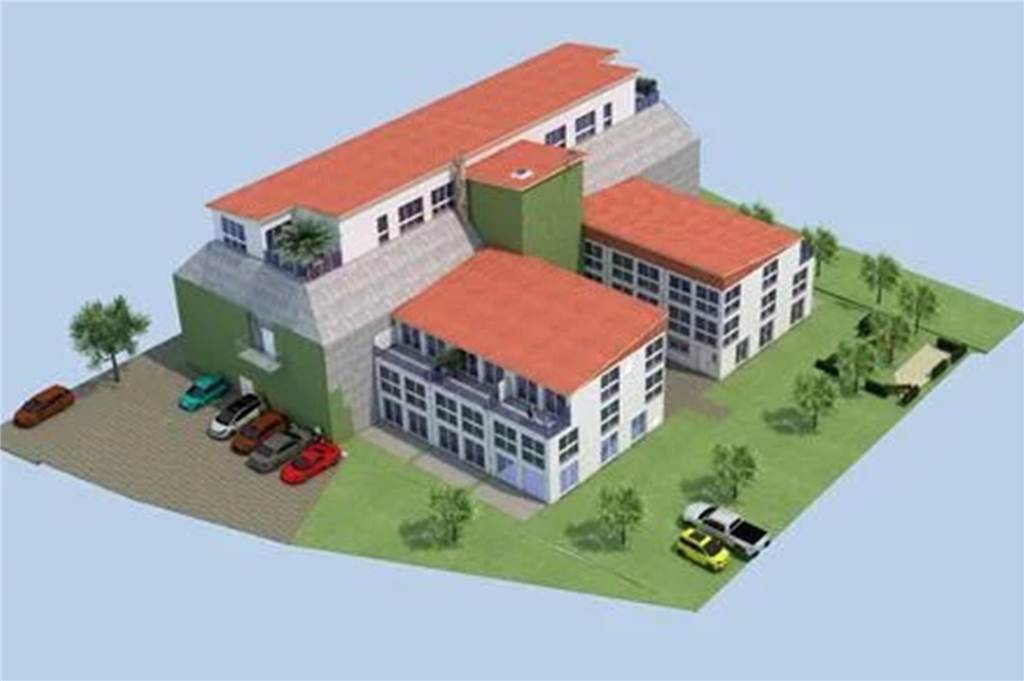 Eine grafische Visualisierung zeigt einen Hochbunker, auf dessen Dach zwei Penthouse-Wohnungen stehen und an dessen vordere Wand zwei Mehrfamilienhaus-Riegel gebaut sind.
