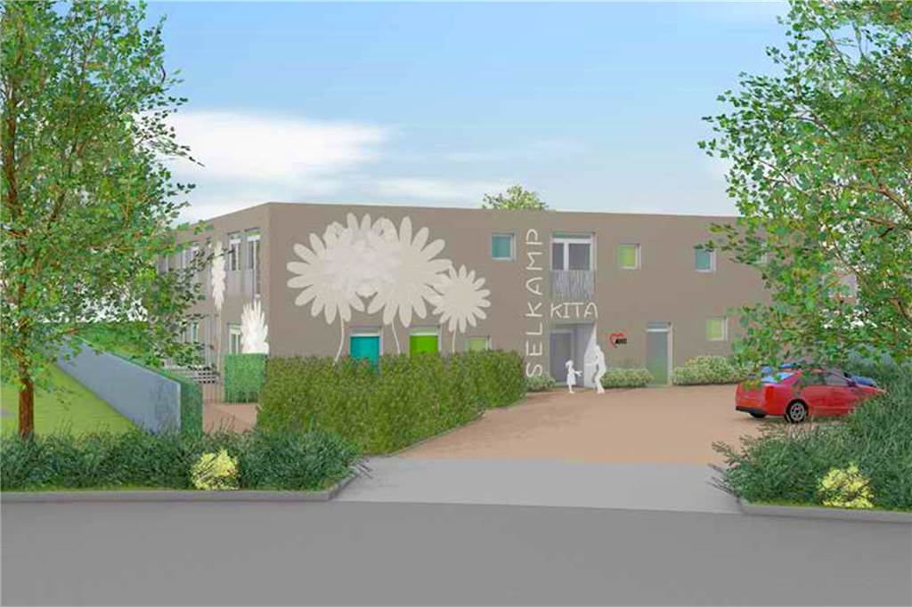 Verschwindet der schönste Schulgarten Dortmunds für eine neue Kita? So könnte die Kita an der Straße Selkamp einmal aussehen.
