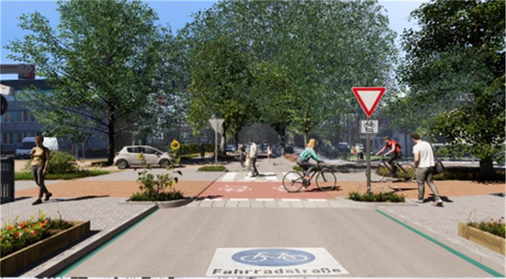 Grüne fordern Umbau der Hauptstraßen im Stadtbezirk Aplerbeck So könnte eine der Fahrradkreuzungen aussehen. Hier an der Schweizer Allee.
