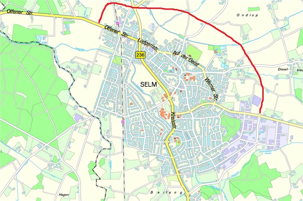 Umgehungsstraße für Selm gefordert: „Zu viel Verkehr durch zu kleine Straßen“ So könnte eine mögliche Selmer Umgehungsstraße von Ost nach Nord aussehen (rot markierter Verlauf).