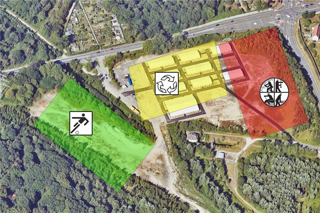 Neue Feuerwache, Waldkita und Bezirkssportanlage: Öffentliche Auslegung So oder ähnlich sahen die Pläne der Stadtverwaltung aus für die ehemalige Eon-Kraftwerksfläche an der B235 (oben) und Klöcknerstraße (rechts): Aus der seit 2019 gehegten Idee, hier eine Bezirkssportanlage (Fußballplatz mit Kabinen und Co.), eine neue Haupt-Feuerwache und den Bringhof des EUV unterzubringen, ist nun der EUV-Hof verschwunden. Dafür soll noch eine Kita gebaut werden.