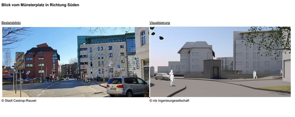 Pläne für großen Umbau am Castroper Bahnhof Süd aus der Schublade zurück So sähe es nach dem Umbau nach aktuellen Visualisierungen der Planer von der Oberen Münsterstraße / Ecke Thomasstraße aus.