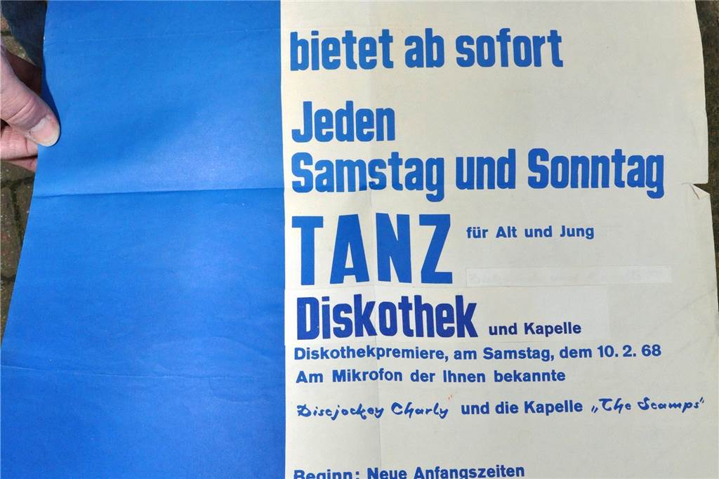So sah das Plakat für die erste Disko-Veranstaltung am 10. Februar 1968 in der Gaststätte Koch-Willms aus.
