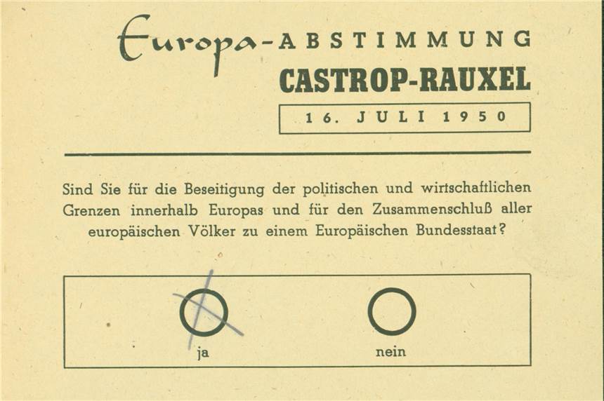 70 Jahre Ja zu Europa: Als halb Europa auf Castrop-Rauxel schaute So sah der Stimmzettel für die Europaabstimmung 1950 aus. Die Bürgerinnen und Bürger der Stadt stimmten mit einer Mehrheit von 96 Prozent bei 74-prozentiger Wahlbeteiligung für die Errichtung eines Vereinten Europas.
