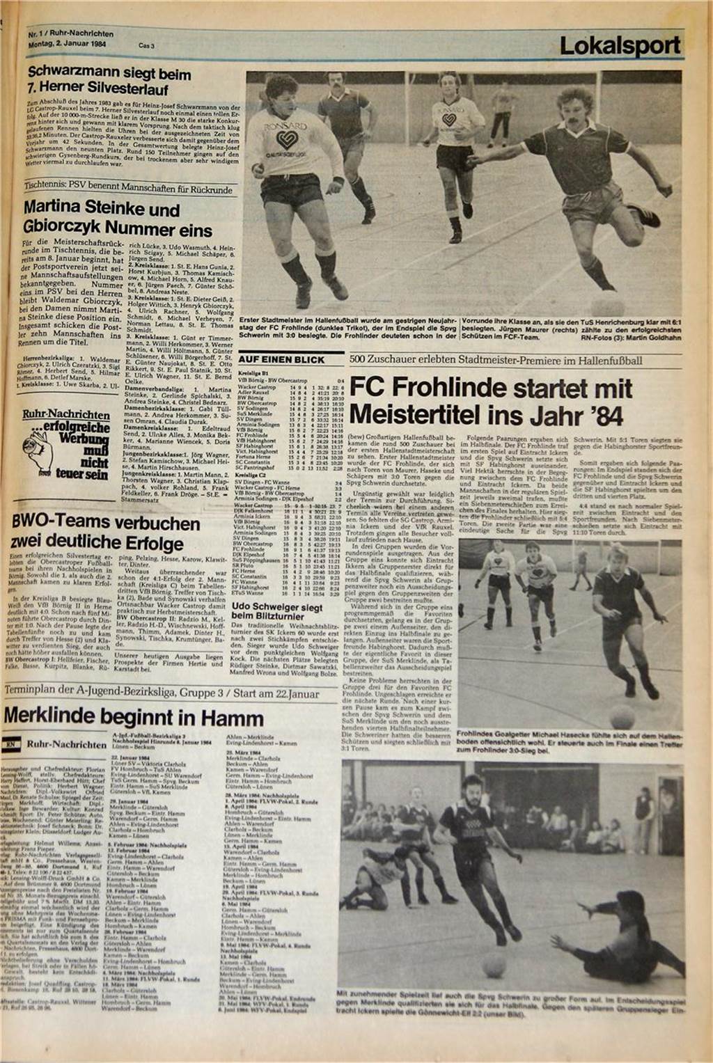 Castrop-Rauxeler Hallenstadtmeisterschaft: Ikone des FC Frohlinde war der Erfinder So sah die Berichterstattung zur ersten Castrop-Rauxeler Hallenstadtmeisterschaft im Januar 1984 aus.