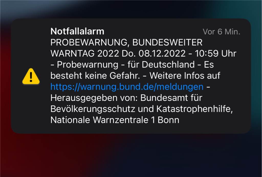 Sirenenalarm in NRW: Was die Warntöne bedeuten und wie die Handy-Warnung ablief Die Warnmeldung als Screenshot.