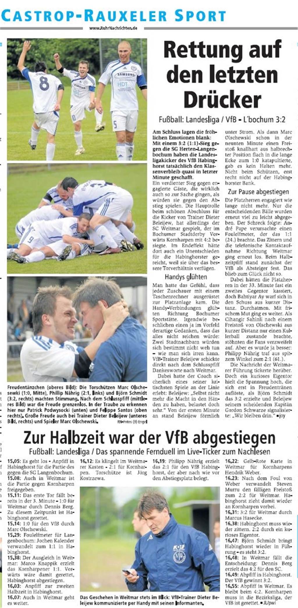 Furiose Rettung: 2010 war VfB Habinghorst während des letzten Spiels mehrfach abgestiegen So sahen die Zeitungsberichte 2010 aus.