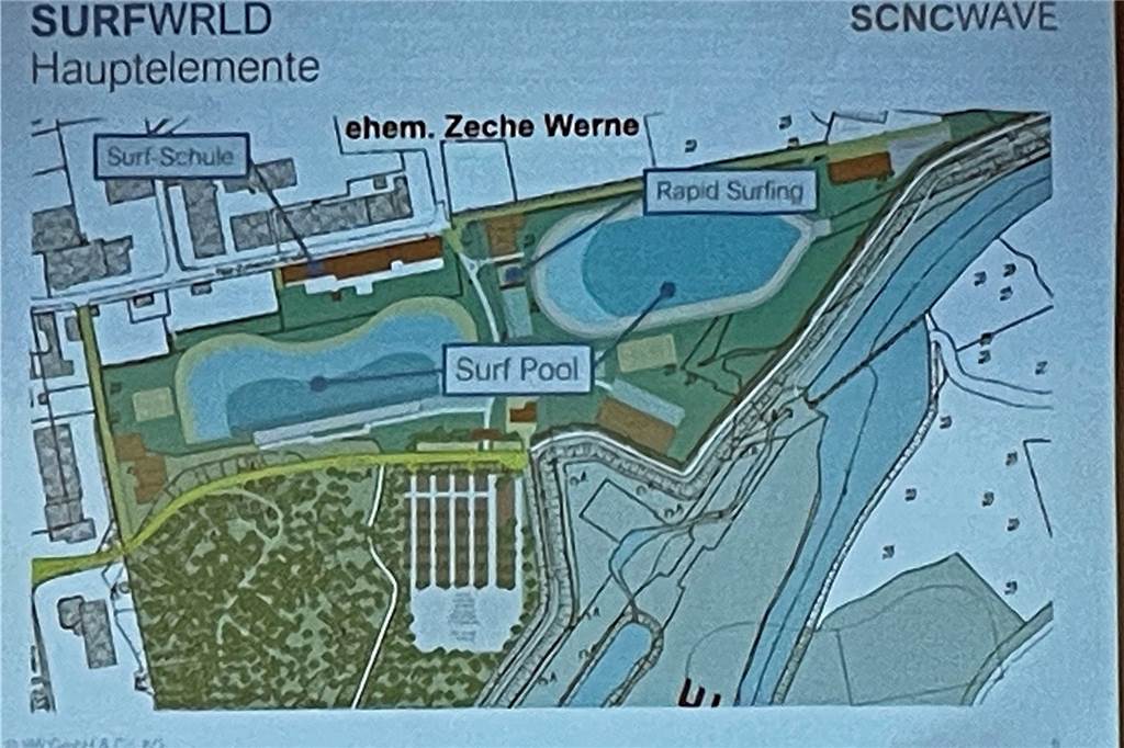 Jockenhöfer-Kreuzung: Lärmschutzfenster allein reichen der Stadt nicht Plan der Surfworld auf der ehemaligen Zeche Werne.