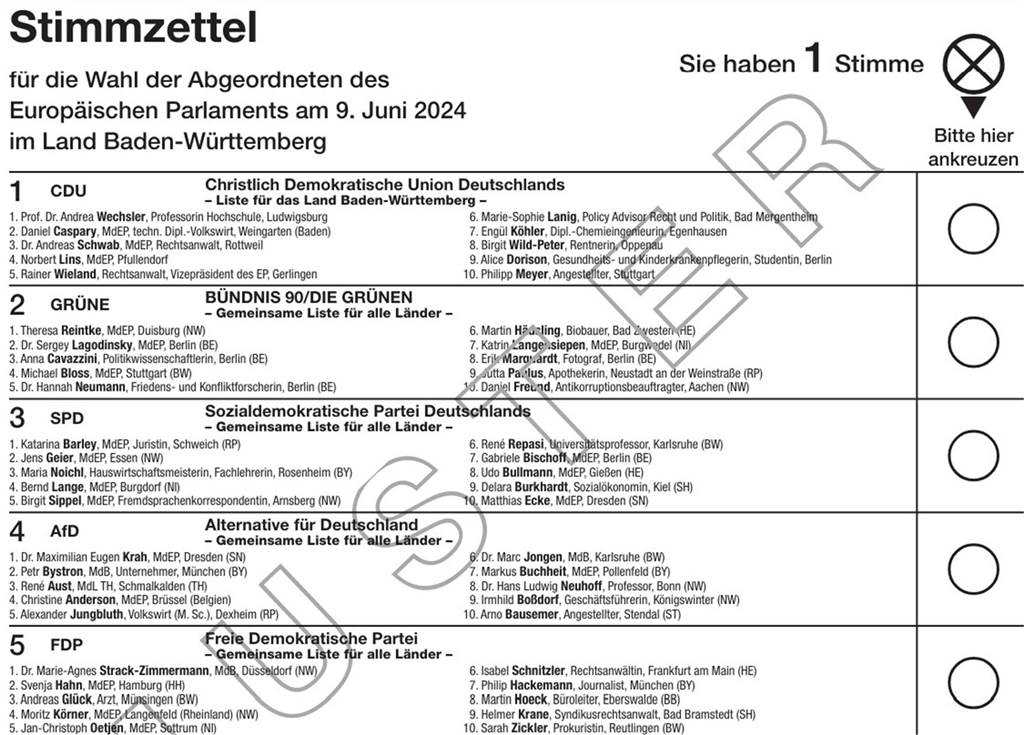 Europawahl 2024: Termine, Parteien und mehr - das sollte man wissen Ein Muster-Stimmzettel für die Europawahl 2024 in Baden-Württemberg.