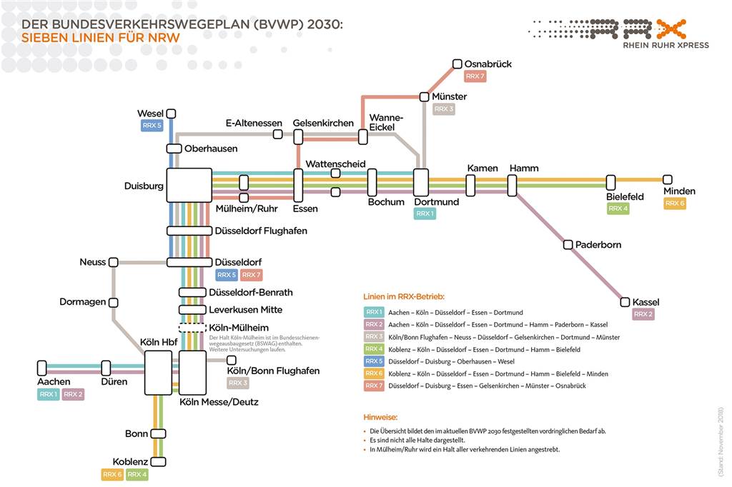 Warum der RRX-Ausbau in Dortmund weiter auf sich warten lässt So sieht das aktuelle RRX-Zielnetz für das Jahr 2030 aus. Danach soll der RRX3 von Dortmund nach Münster fahren.