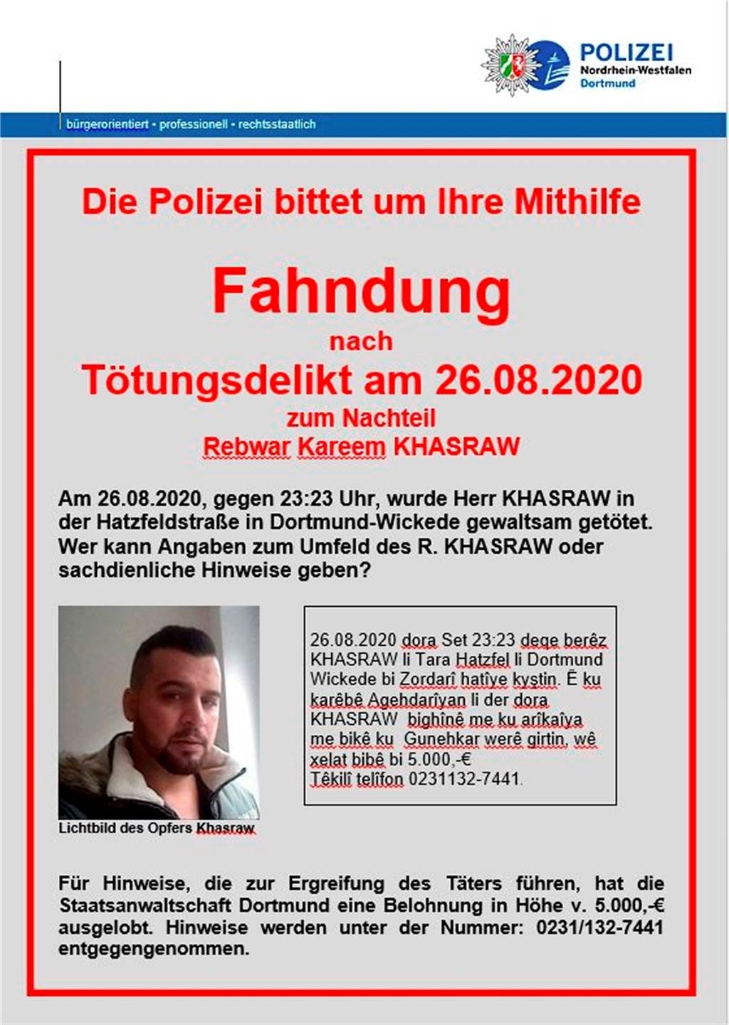 Tötungsdelikt in Wickede: So laufen die Ermittlungen nach einem halben Jahr So sieht das Fahndungsplakat im Mordfall Khasraw aus.