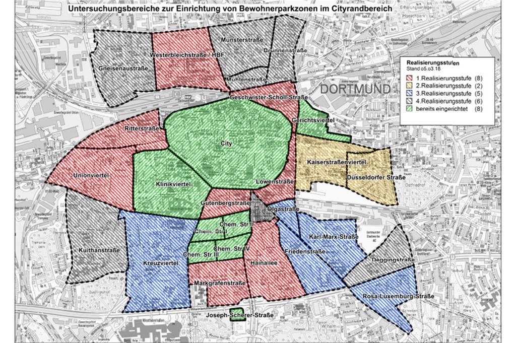 Parkplatz-Not durch Fahrradstraße - Anwohner fordern Gesamtkonzept So sieht das Konzept der Stadt zur Ausweitung der Bewohnerparkzonen aus. Das Kaiserstraßen-Viertel (r., braun markiert) folgt erst in der Prioritätsstufe 2.