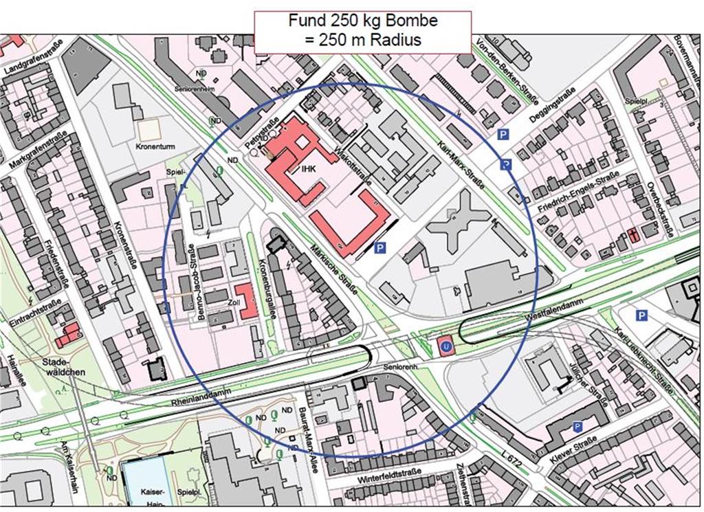 Wichtige Zufahrtsstraße gesperrt: Das muss man zur Blindgängersuche wissen So sieht der 250-Meter-Radius um den Verdachtspunkt vor dem Finanzamt West aus.