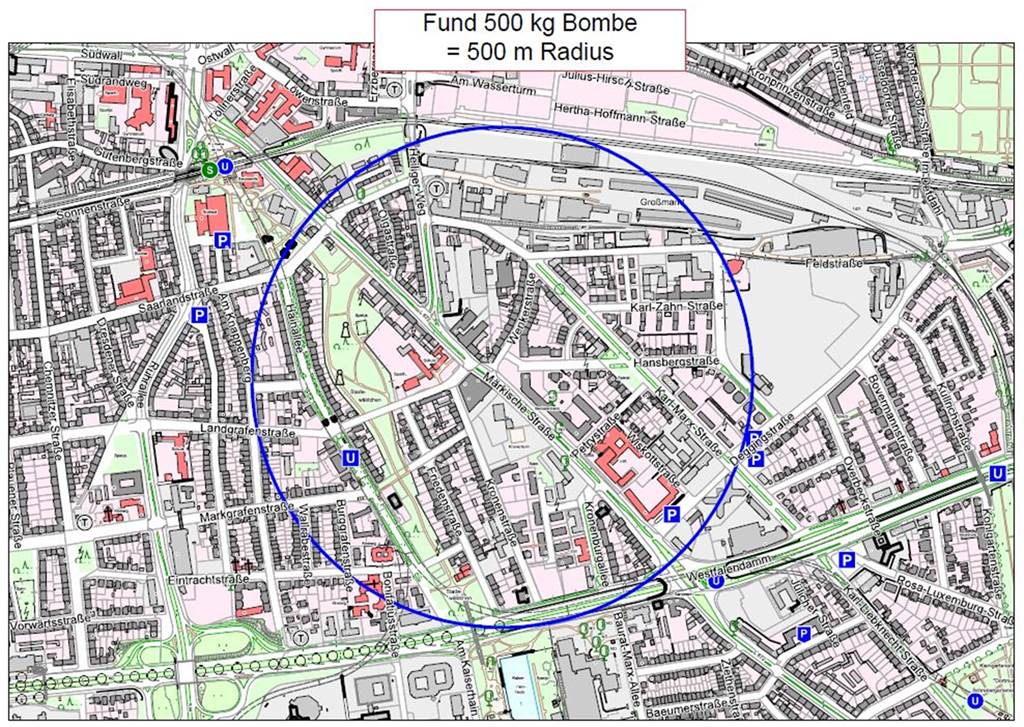 Wichtige Zufahrtsstraße gesperrt: Das muss man zur Blindgängersuche wissen So sieht der 500-Meter-Radius um den Verdachtspunkt an der Wenkerstraße aus.