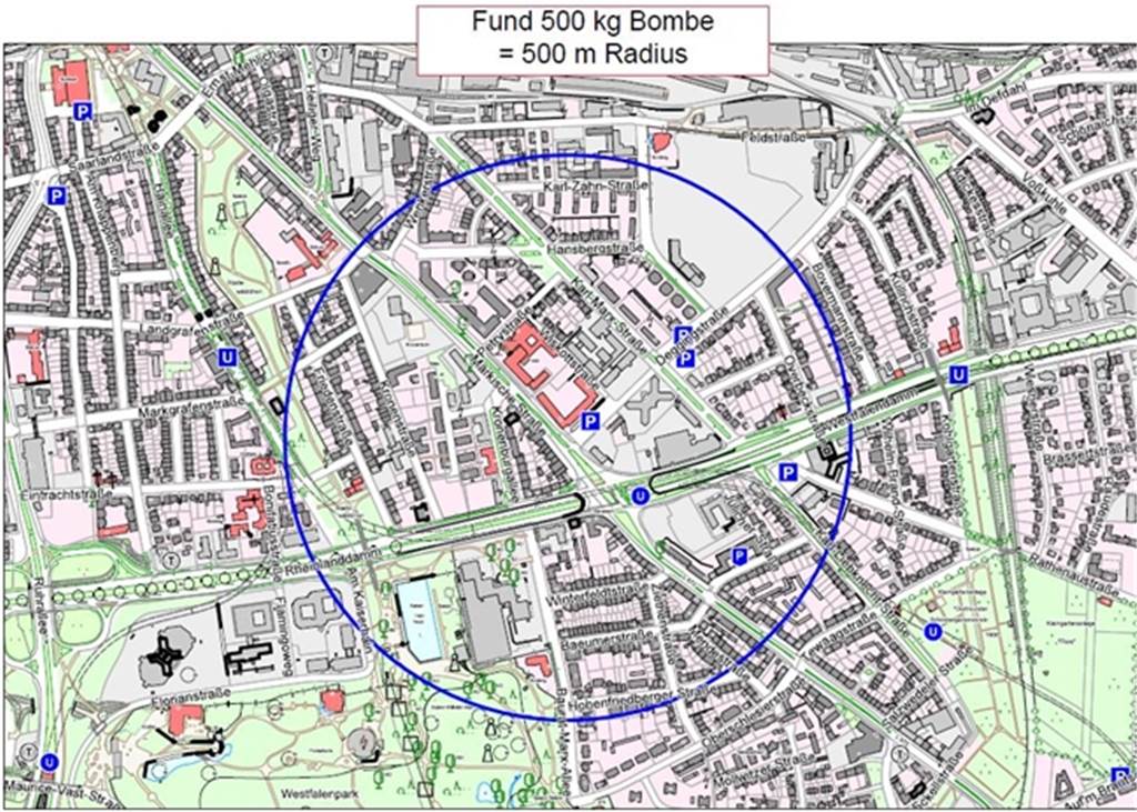 Wichtige Zufahrtsstraße gesperrt: Das muss man zur Blindgängersuche wissen So sieht der 500-Meter-Radius um den Verdachtspunkt vor dem Finanzamt West aus.