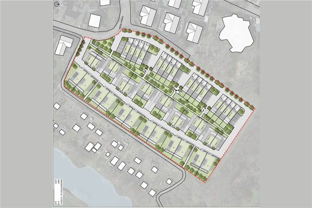 Pläne für den Sportplatz Wandhofen: 44 Reihen- und Doppelhäuser geplant So sieht der erste Entwurf für die Bebauung des Sportplatzes in Wandhofen aus. Unten vor der Ruhr liegen die Kleingärten.