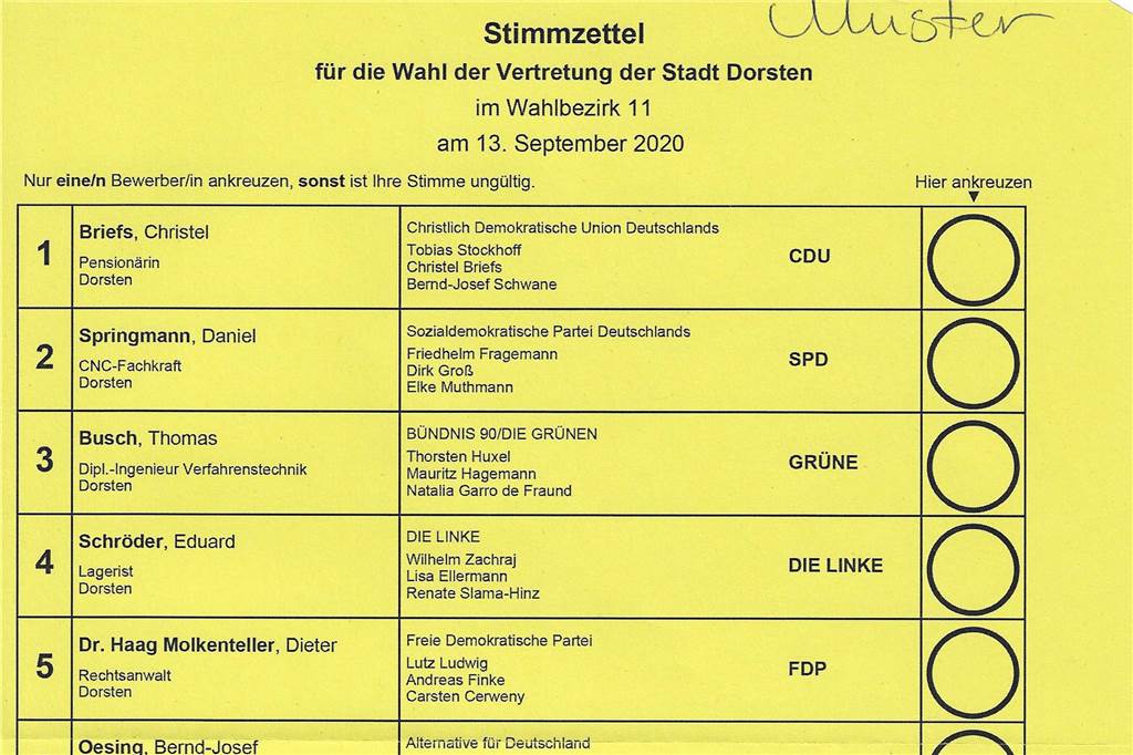 So sieht der gelbe Stimmzettel der Kommunalwahl in Dorsten aus. Die Namen in der linken Spalte variieren von Wahlbezirk zu Wahlbezirk.