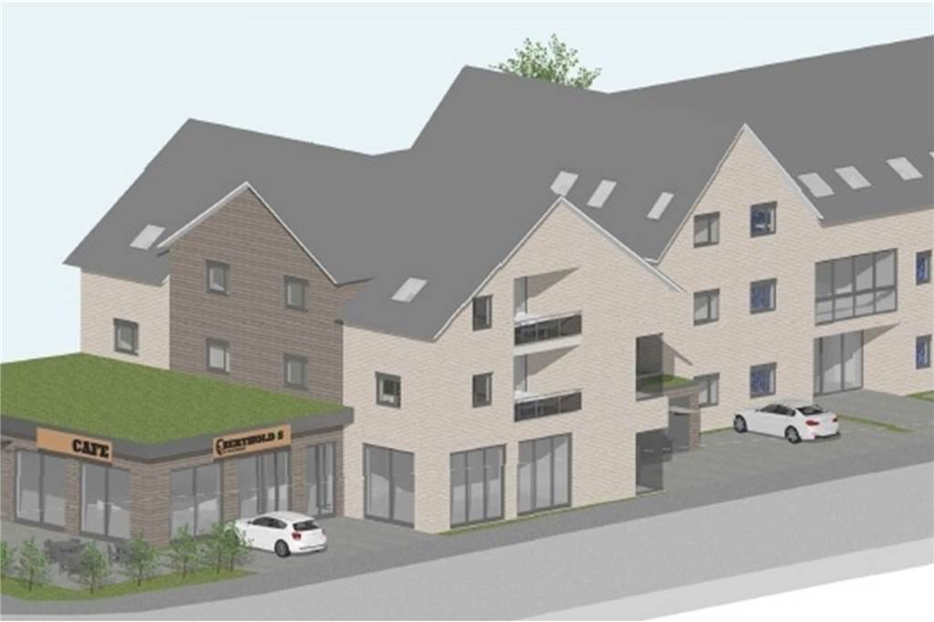 Jägerhof ist für Abriss entkernt: Eigentumswohnungen sind auf dem Markt So sieht der neue Gebäudekomplex mit Bäckerei und elf Eigentumswohnungen aus.