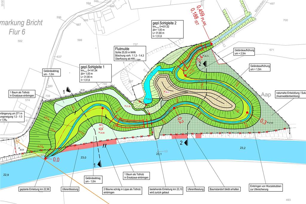 Lippeverband will dem Fluss seinen Lauf lassen So sieht der Plan des Lippeverbands für die Mündung des Mühlenbachs, der derzeit noch senkrecht auf die Lippe trifft, aus. In den Schleifen sollen sich Fische und Insekten ansiedeln.