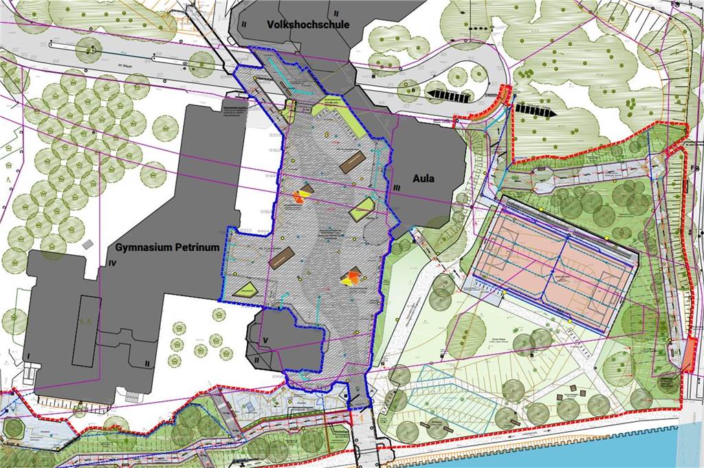 Innenstadt von Dorsten: An allen Ecken und Enden wird in diesem Jahr gebuddelt und gebaut So sieht der Plan für das Petrinum-Gelände aus: Der Schulhof wird neu gestaltet, ein Multifunktionsfeld ist vorgesehen, außerdem werden die Rampen zum Kanal erneuert.