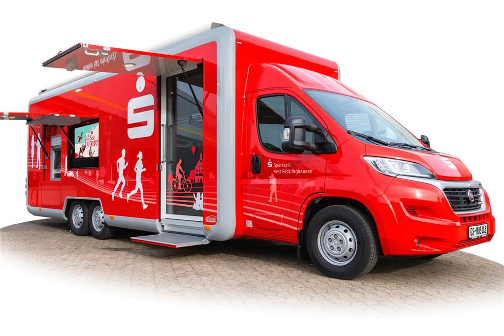 Sprengung: Sparkasse schließt weiteren Automatenstandort in Castrop-Rauxel So sieht der Sparkassen-Bus aus, der voraussichtlich zum Jahresende im Kreis Recklinghausen in Betrieb gehen wird. Er wird einmal in der Woche vier Standorte in Castrop-Rauxel anfahren.