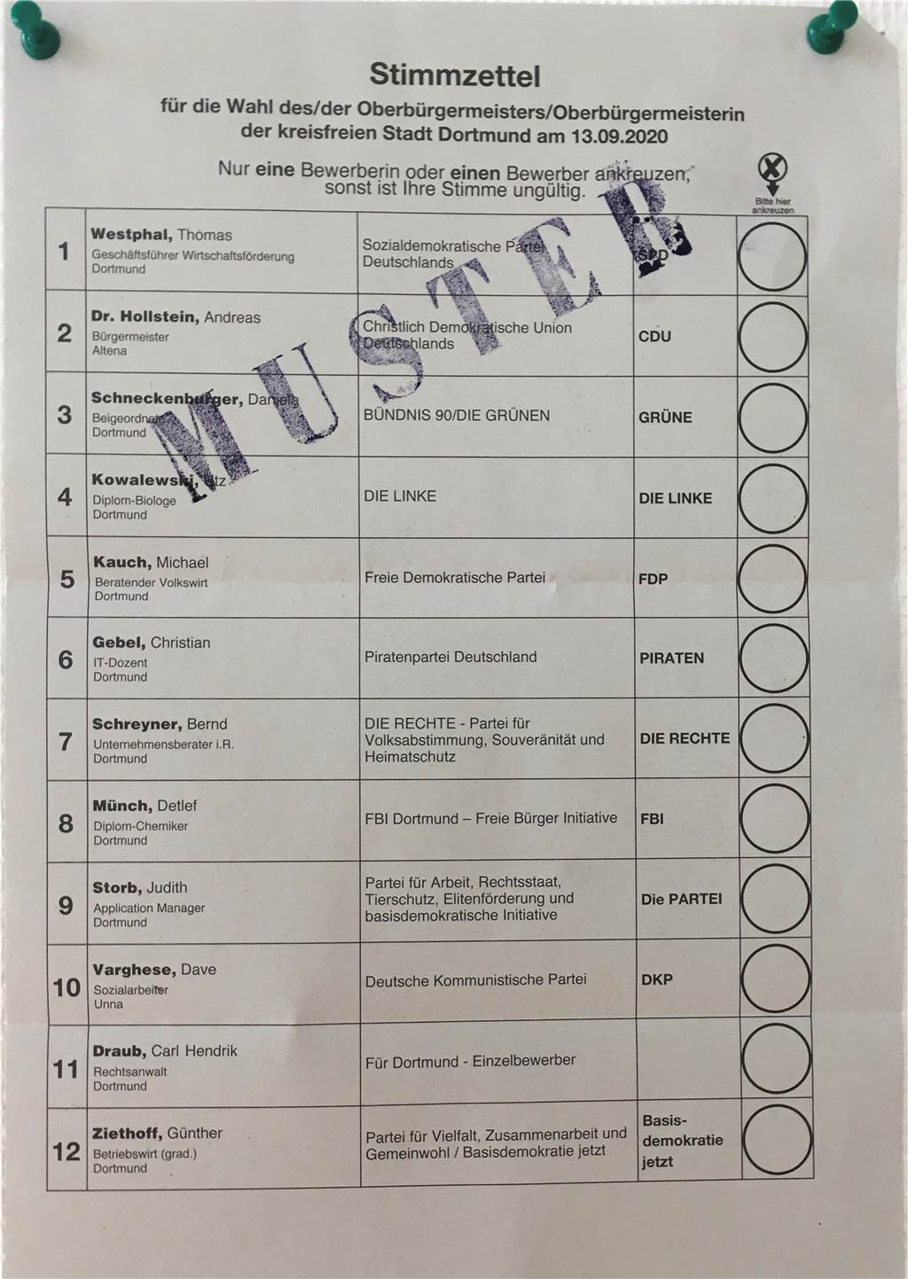 Was man zur Kommunalwahl am 13. September in Dortmund wissen muss So sieht der Stimmzettel für die OB-Wahl aus.