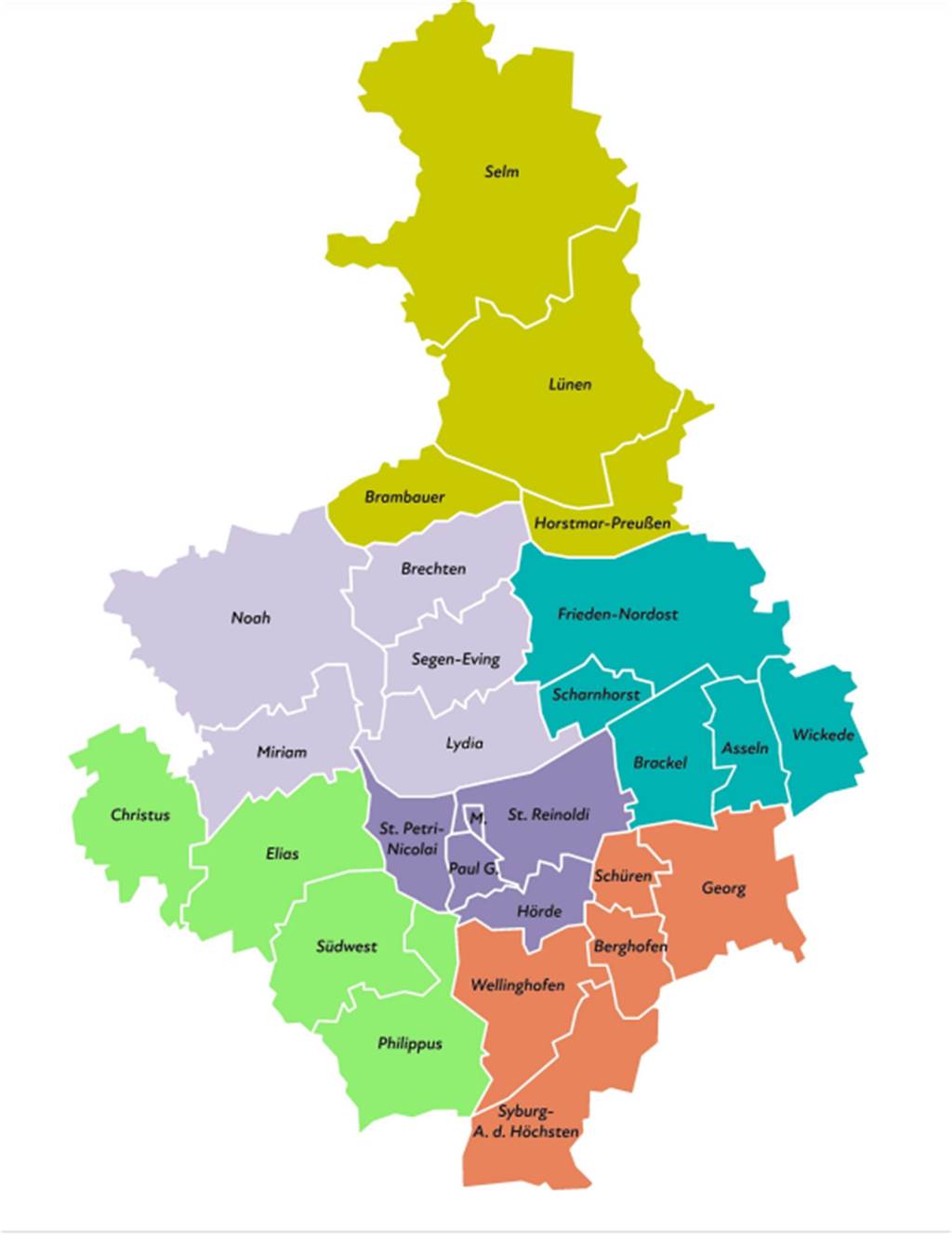 Evangelischer Kirchenkreis sagt „Nein“ zu Zusammenlegung von Gemeinden So sieht die Aufteilung der Gemeinden in Dortmund, Lünen und Selm auf die "Personalplanungsräume" aus.
