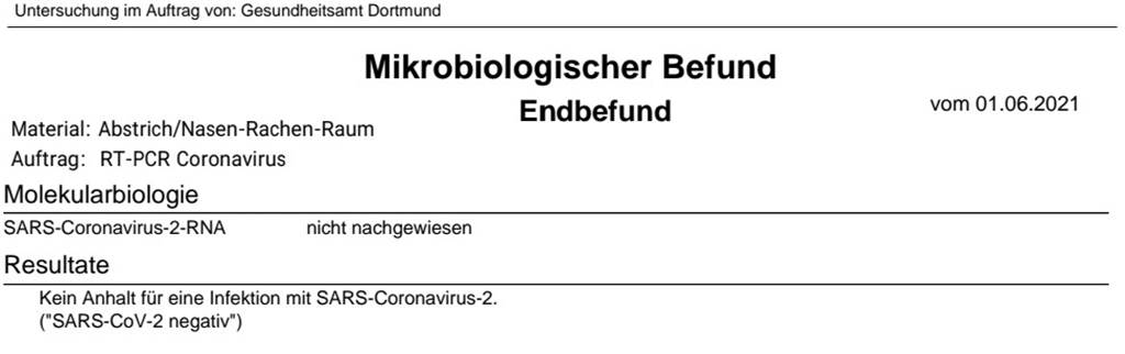 Drei negative PCR-Tests – Dortmunderin muss trotzdem in Quarantäne bleiben So sieht die Bescheinigung über das negative PCR-Test-Ergebnis aus.