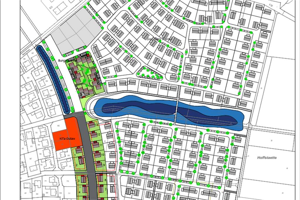 Neue Kita und 17 Hektar Bauland: Nienborg für Zukunft gewappnet So sieht die derzeitige Planung für das Neubaugebiet Sanderskamp aus. In orange (links) ist der Kita-Neubau eingezeichnet.