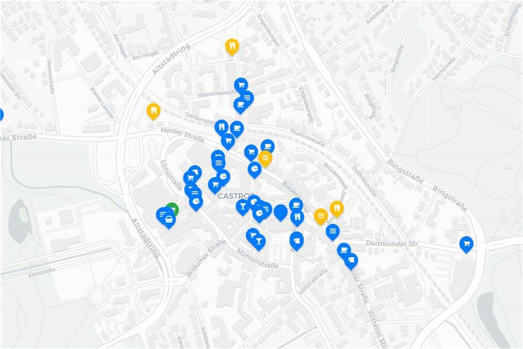 Wie Castrop-Rauxeler Lokale bei der Hygiene-Kontrolle über Topf-Secret abschneiden So sieht die Karte im Portal am 9. April 2019 aus. Die blauen Marker zeigen Einrichtungen, zu denen keine Anfragen eingegangen sind. Bei den gelben Markern sind Anfragen eingegangen, aber noch keine Antworten. Und der grüne Marker zeigt Kaufland, zu dem auf Basis einer Anfrage ein kurzer Bericht des Kreises veröffentlicht wurde. Der Brief ist auch einzusehen.