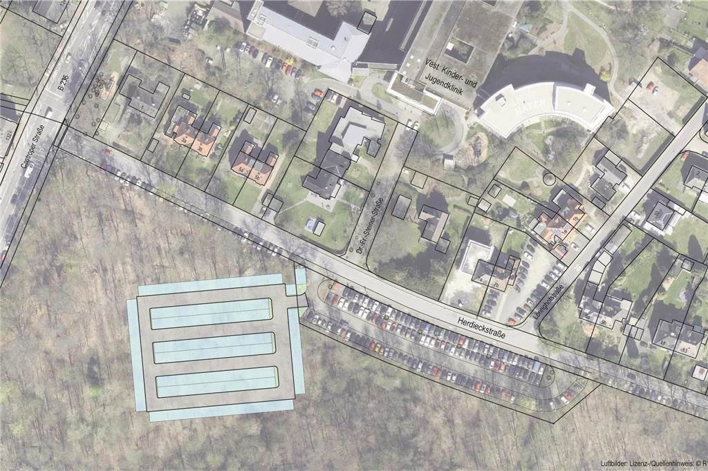 Parkplatznot an der Kinderklinik: „Befreiungsschlag“ in greifbarer Nähe So sieht die Parkplatz-Planung an der Kinderklinik aus: Direkt vom Hauptparkplatz an der Herdiekstraße geht die Zufahrt zur geplanten, neuen Parkplatzanlage im Zechenwäldchen (hellgrün eingezeichnet) ab.