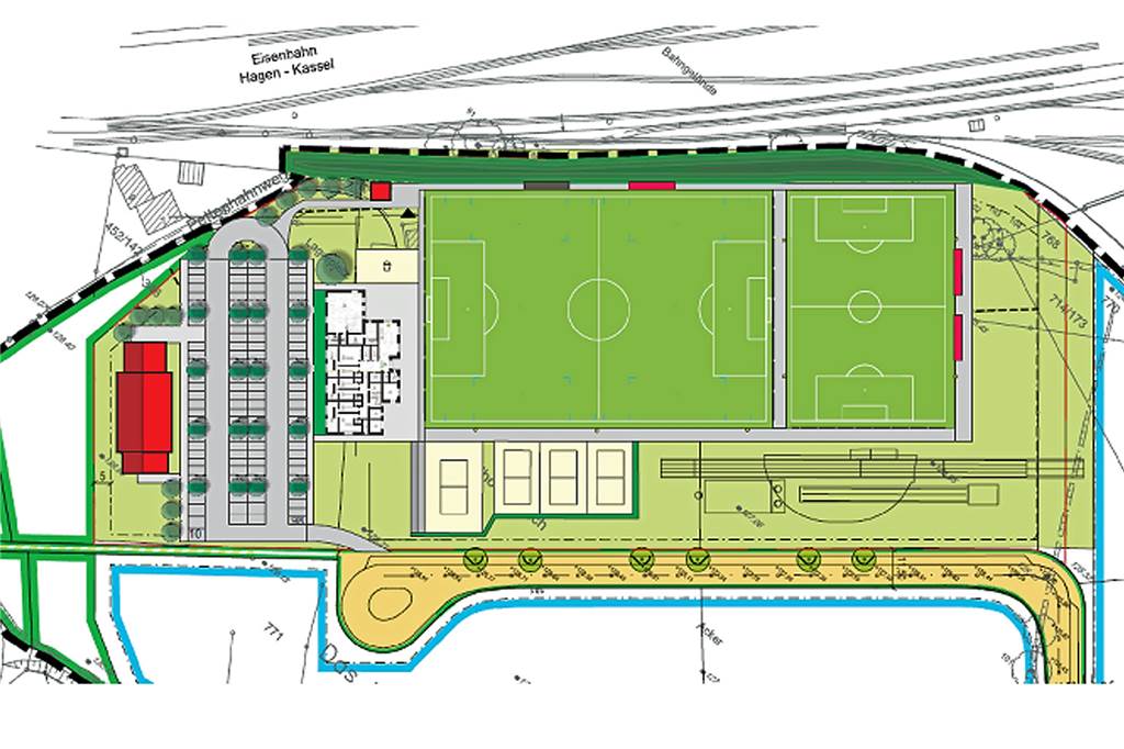 Die wichtigsten Antworten zur Planung der Stadt Schwerte für den Schützenhof So sieht die Planung für den neuen Sportplatz in Wandhofen aus. Ein großer Sportplatz, daneben ein Übungsfeld und unterhalb der beiden Sportplätze die vier Beachvolleyball-Felder. Grau direkt am Platz sind Umkleidekabinen und das Vereinsheim eingeplant, dahinter liegen die Parkplätze. das Rote soll die Halle für die Sportschützen und die Taubenzüchter werden.