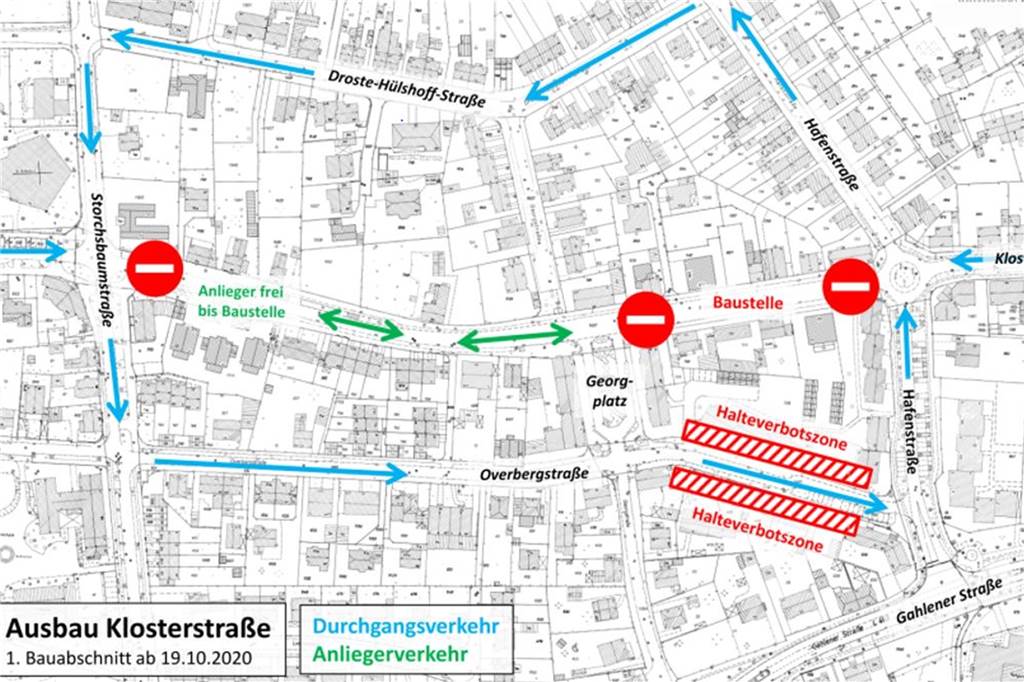 Bauarbeiten: Klosterstraße ein Jahr lang für Durchgangsverkehr dicht So sieht die Umleitungsstrecke während der einjährigen Bauphase aus.