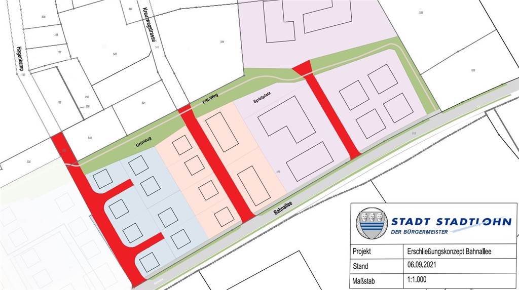 So sieht die von der Arbeitsgruppe Bahnallee favorisierte Erschließung für das ehemalige Spahn-Gelände aus. Die Wohnstraßen Kreuzwegstraße und Hagenkamp würden danach bis zur Bahnallee verlängert.