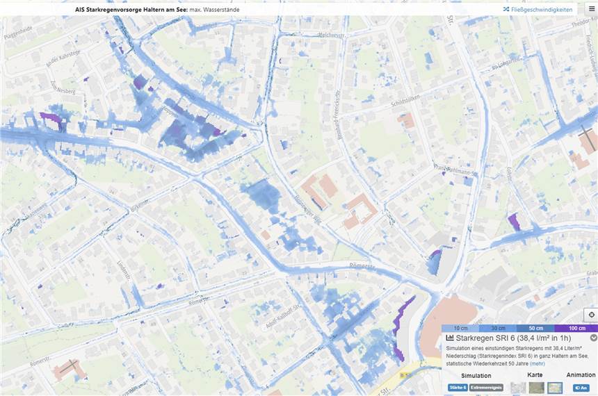 Starkregengefahrenkarte online - Wie bedroht ist mein Haus von Hochwasser? So sieht ein Ausschnitt aus der Starkregengefahrenkarte aus, die über die Homepage der Stadt Haltern eingesehen werden kann.