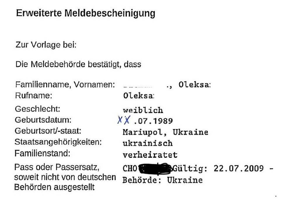 Stress bei der Kontoeröffnung: „Brauchen Flüchtlinge etwa ein Jodeldiplom?“ So sieht eine "Erweiterte Meldebescheinigung" aus, die zum ukrainischen Bürgerpass passt.